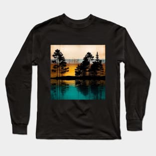 Rustic Metallic Golden Horizon Nature Scenery Tree Silhouettes Long Sleeve T-Shirt